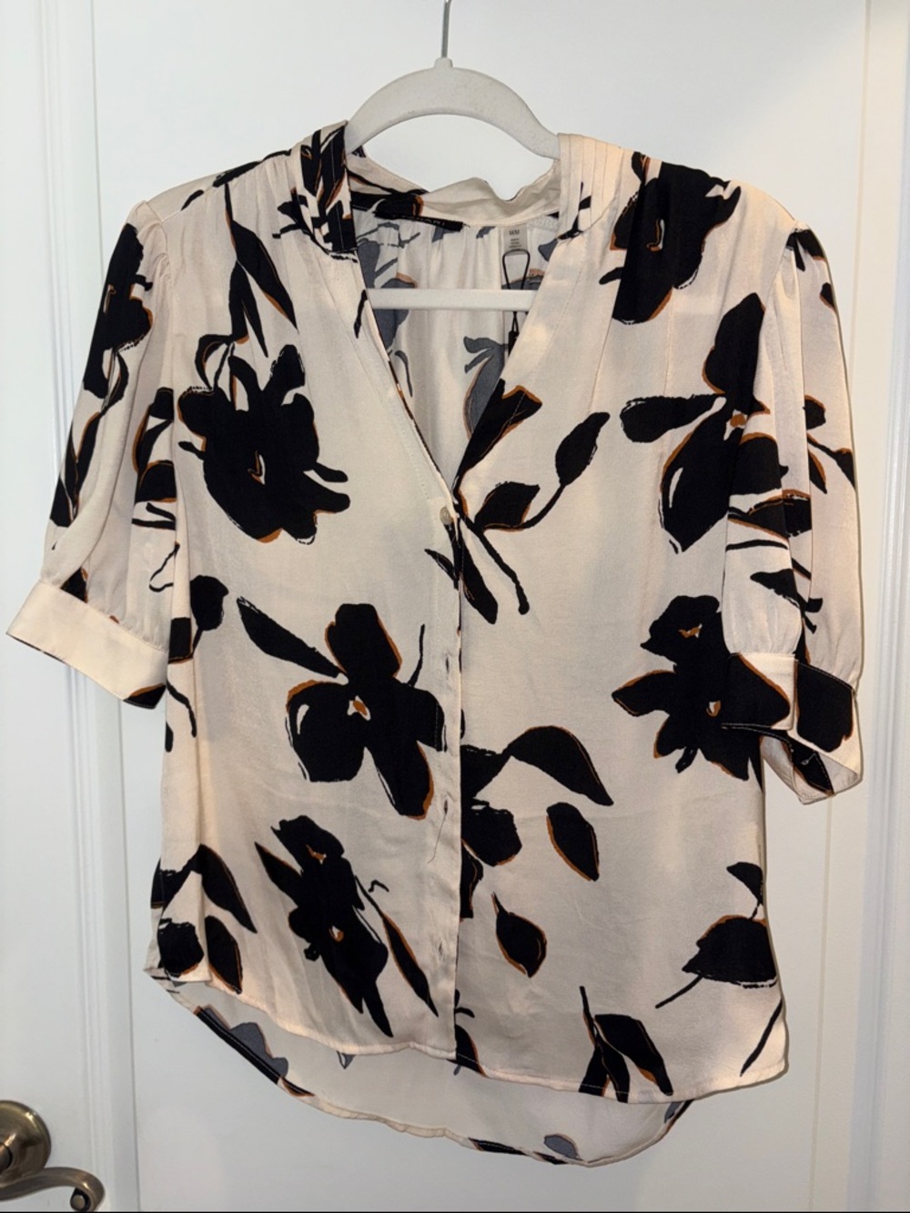 T Tahari Cream Blouse with Black & Brown Floral Print